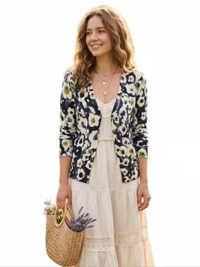 Jackpot Danish Design Floral Knit Cardigan Sweater Size S Boho Artistic